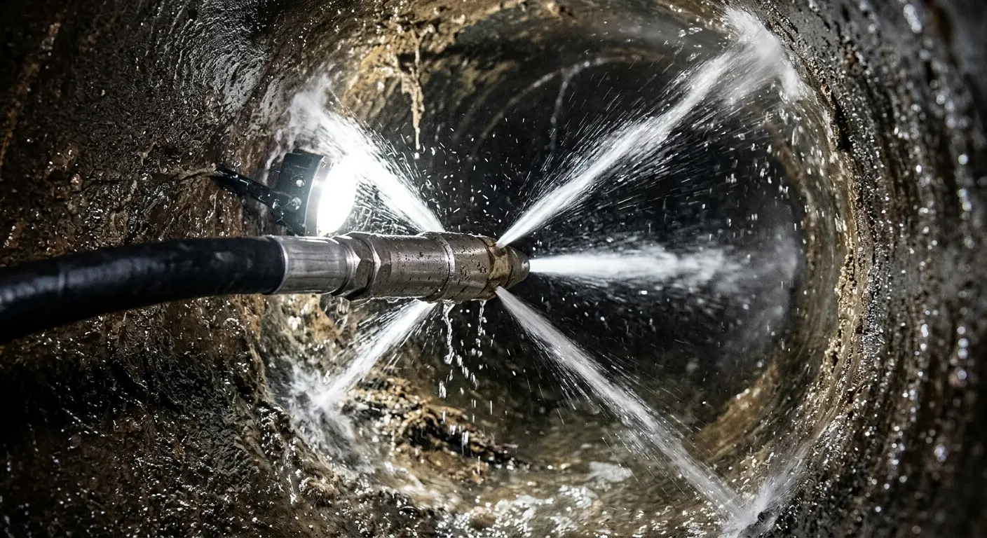 High-pressure hydro jetting nozzle cleaning sewer pipe for Sewer Line Relining in Westerly