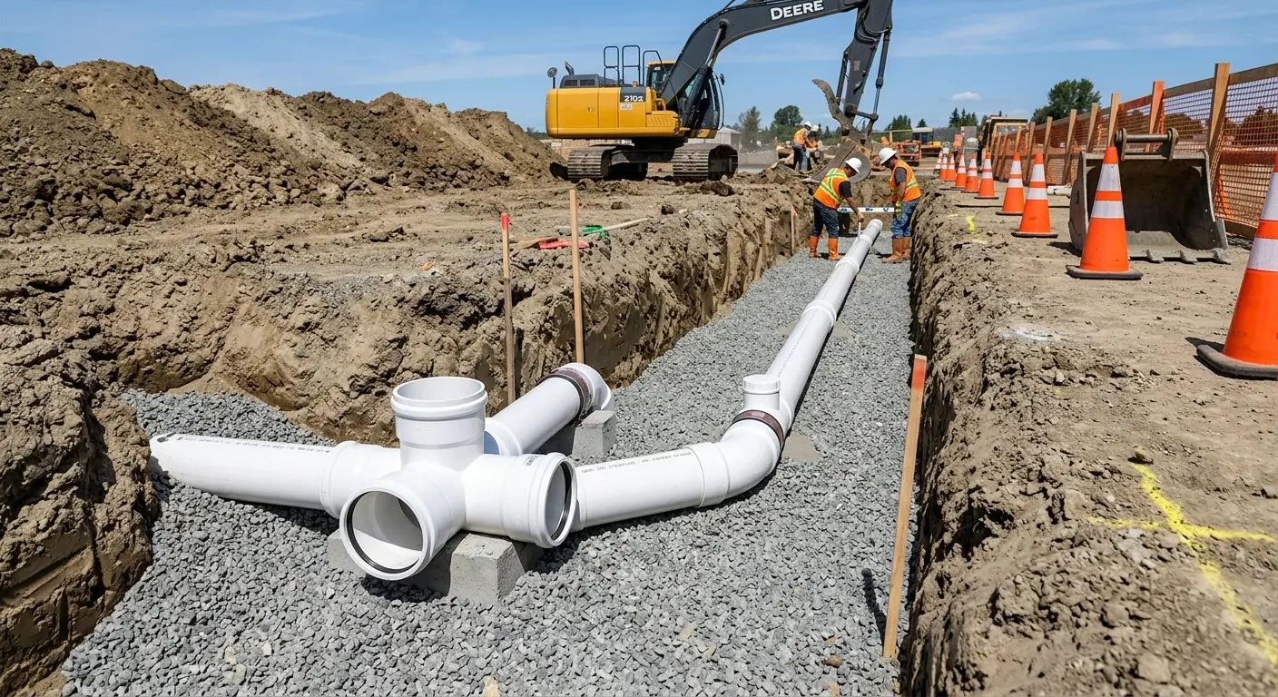 New PVC sewer pipe installation in open trench for Commercial Drain Cleaning in Westerly