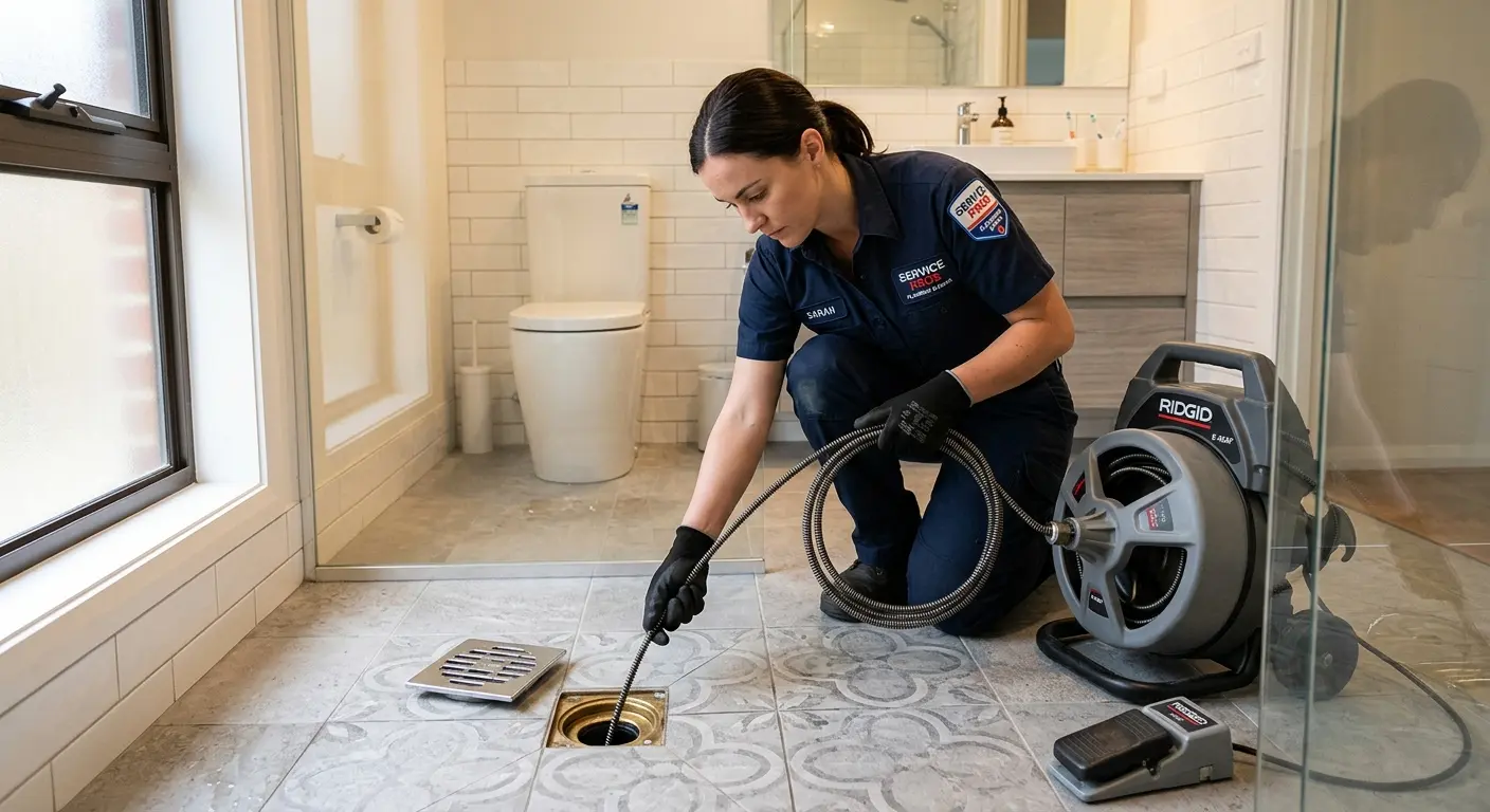Technician clearing a bathroom floor drain for Clogged Drain Repair in Westerly